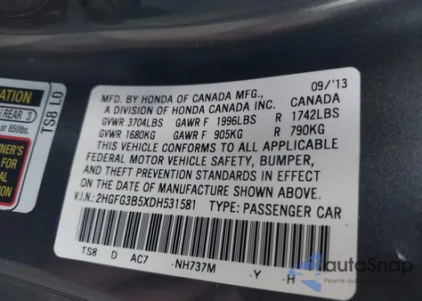 2013 Honda Civic Lx z USA, uszkodzony, nr VIN 2HGFG3B5XDH531581